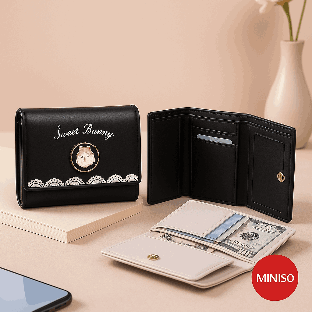 Woman,s Sweet Bunny Small Trifold Wallet (Black)