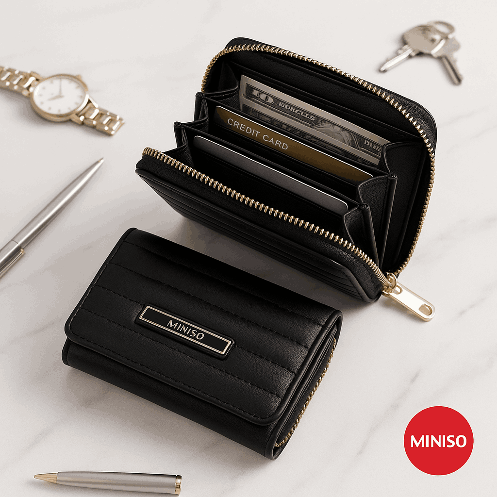 Classic Strip Tri-Fold Zip-Around Women's Wallet (Black)