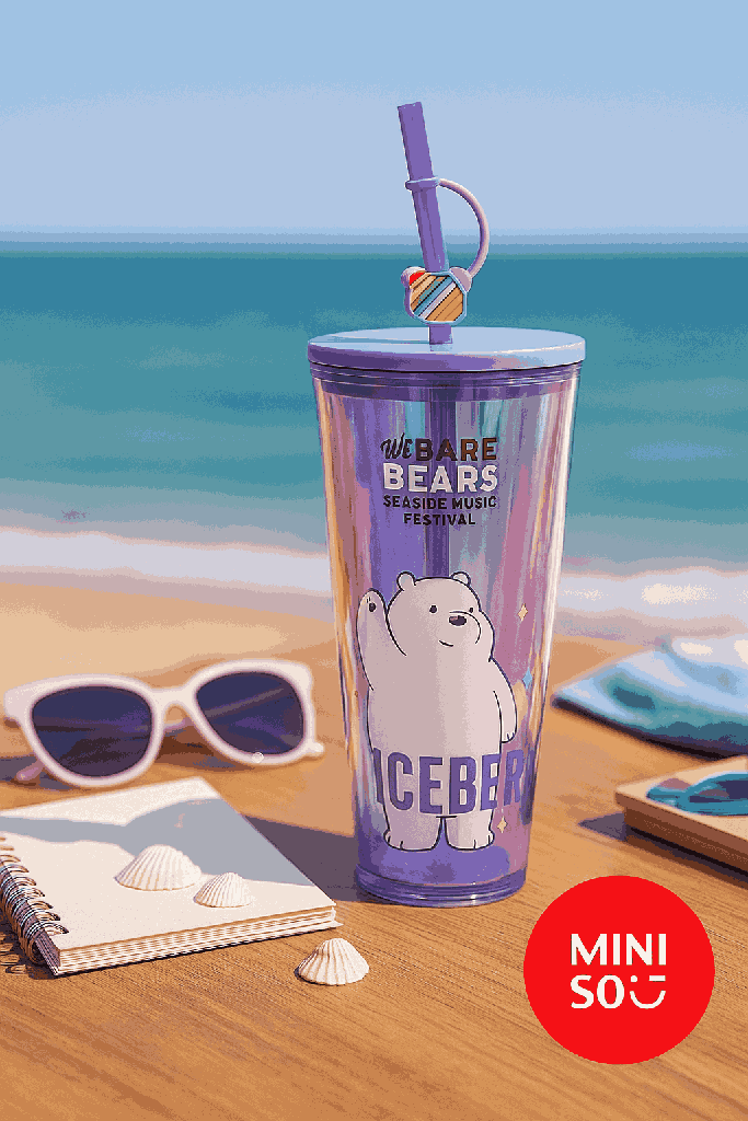 We Bare Bears Seaside Music Festival Double Wall Plastic Tumbler With Straw (800ML)(Ice Bear)