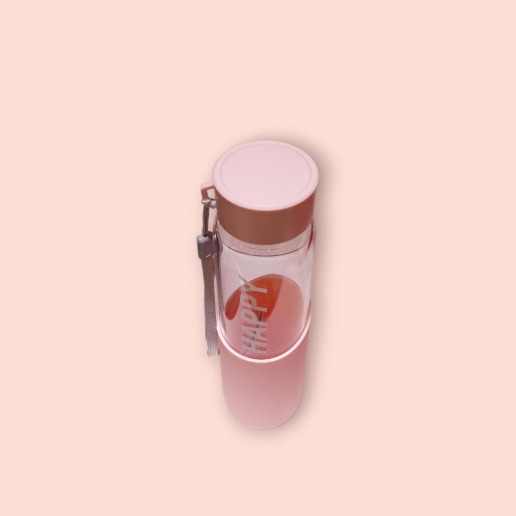 HAPPY High Borosilicate Glass Bottle with Silicone Cover 370mL(Pink)