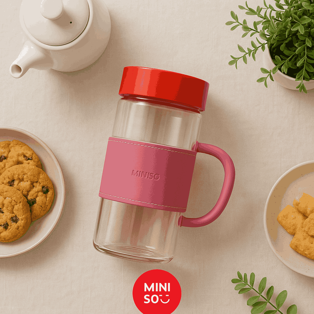 Solid Color Series 2.0 High Borosllcate Glass Tumbler With Handle (470ML)(Rosy) Miniso