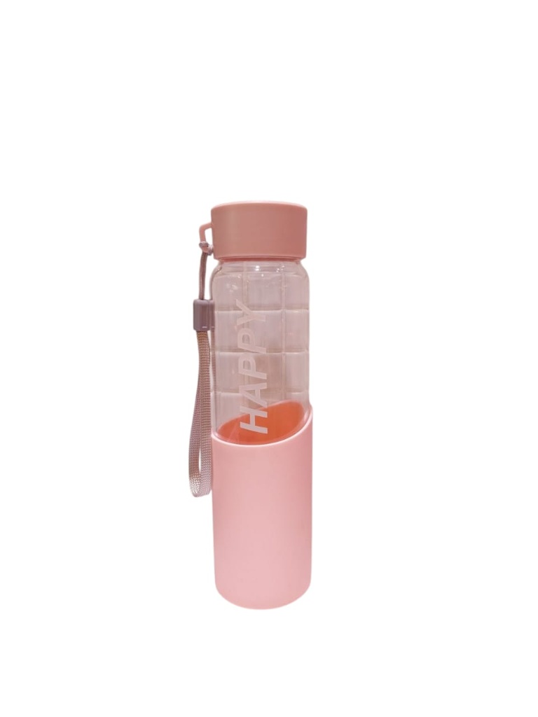 HAPPY High Borosilicate Glass Bottle with Silicone Cover 370mL(Pink)